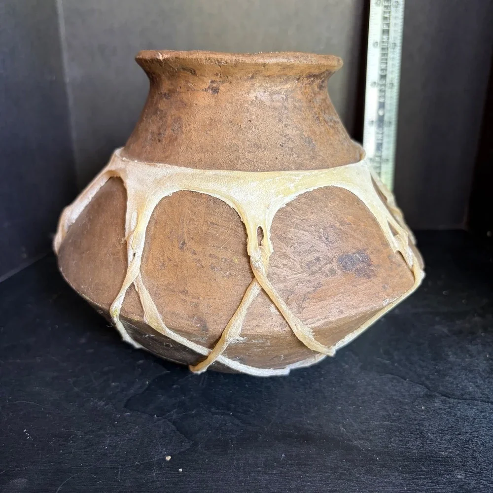 Handcrafted Clay Pottery Vessel with Rawhide Wrap Rustic Primitive Decor 5.5in